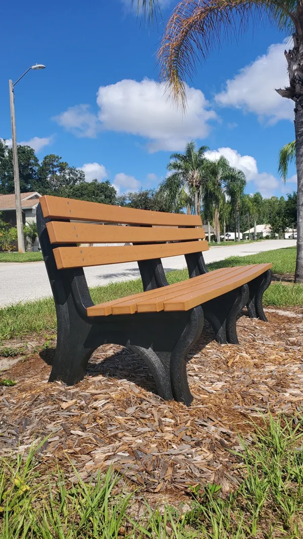 A wooden bench is sitting in the grass next to a palm tree.