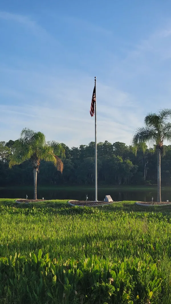 A flag pole in the middle of a field with trees in the background.